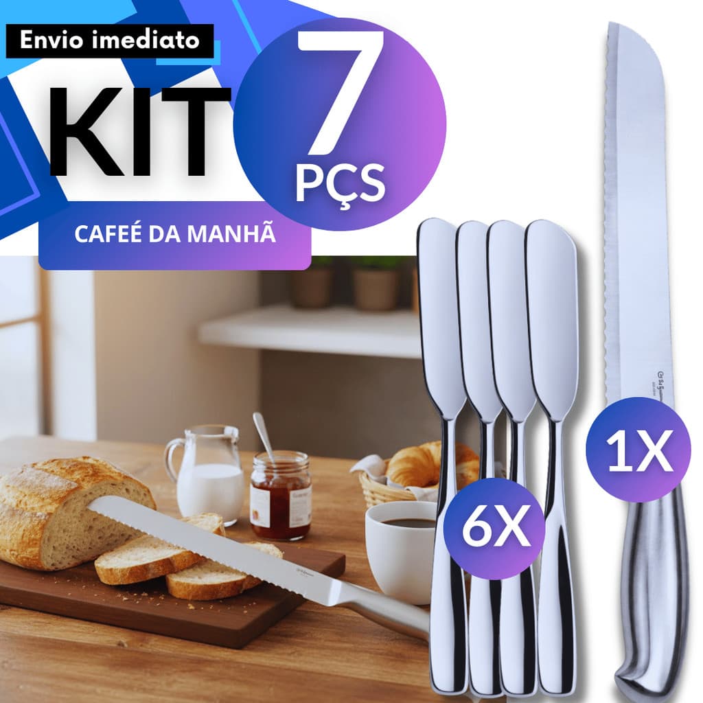 Kit 7 Peças Faca de Pão Inox Inteiriça Serrilhada + 6 Espátulas Passador de Manteiga Inox Café Padaria Buffet
