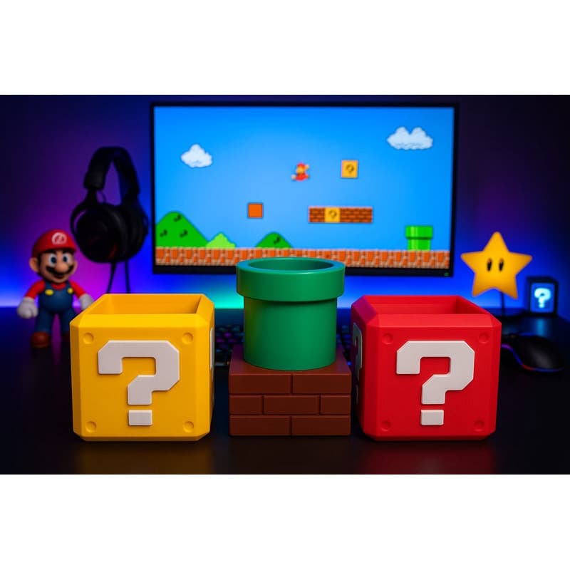 Kit Porta-Canetas Geek Super Mario – Blocos Interrogação + Cano Verde