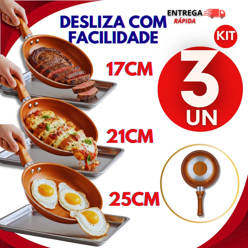 Jogo Kit Frigideiras 17cm, 21cm e 25cm Estilo Cobre Com Revestimento Antiaderente Cabo Antitérmico Frigideira