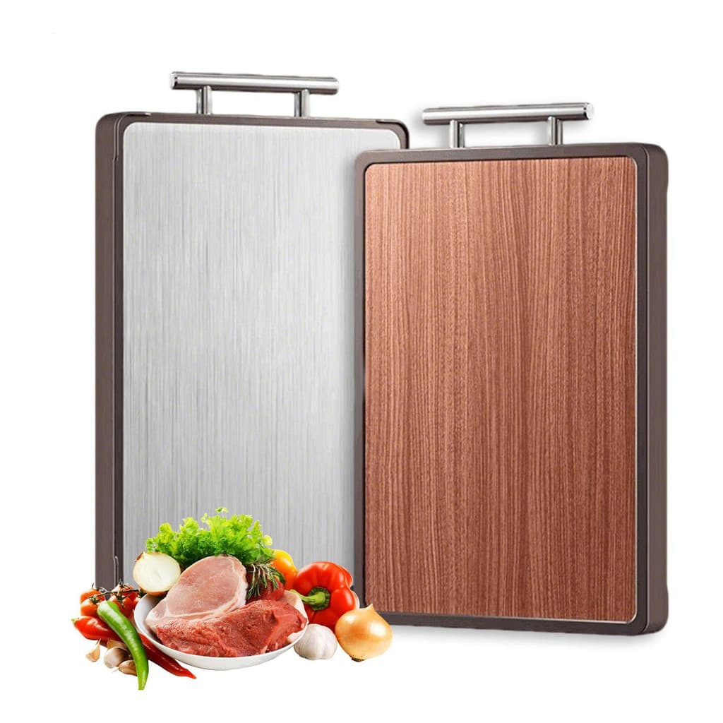 Tábua de Cortar Carne Dupla Face Aço Inox e Madeira Premium Antimofo com Alça para Cozinha