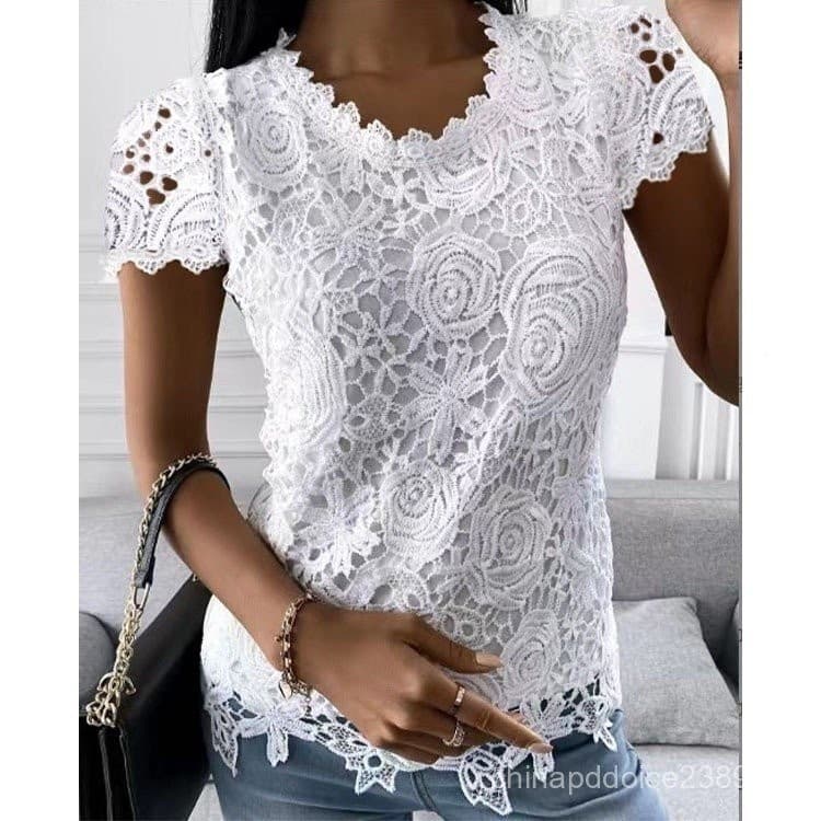 Blusas De Verão Elegantes De Renda Manga Curta Camisa Casual O-neck White Tops Plus Size