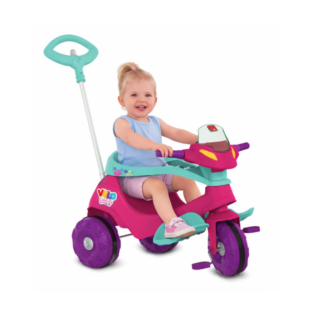 Triciclo Velobaby Passeio e Pedal Rosa com Suporte pra Celular  Ref 357 Bandeirante.
