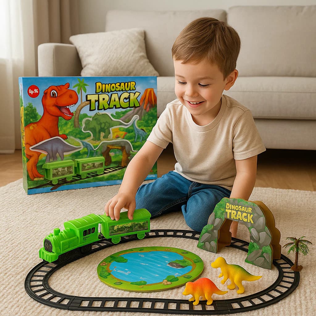 Trem elétrico dinossauros trilhos locomotiva pista brinquedo menino criança presente de achadinhos