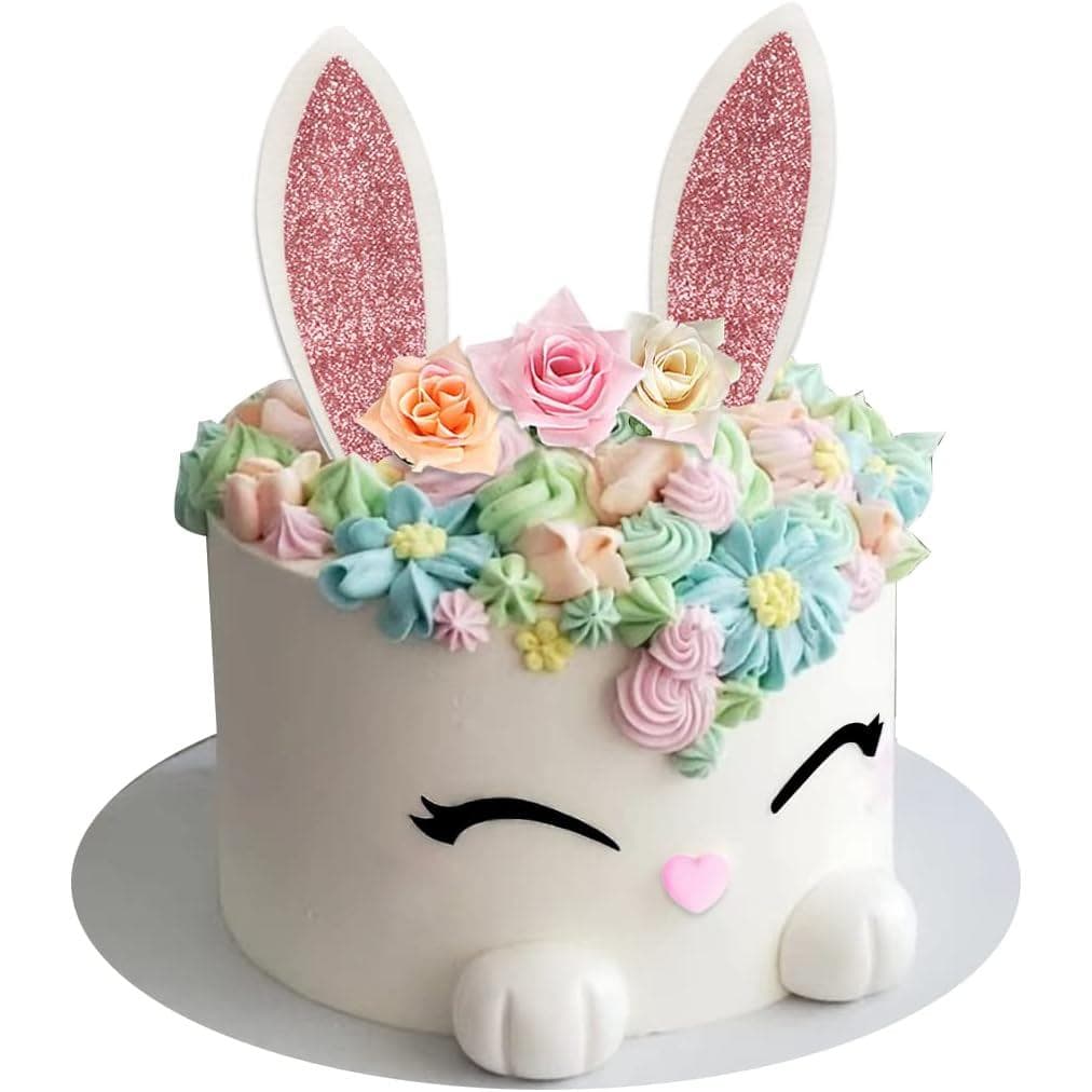 Topper de Bolo de Coelhinho com Orelhas, Pés, Flores, Olhos e Nariz para Chá de Bebê e Páscoa