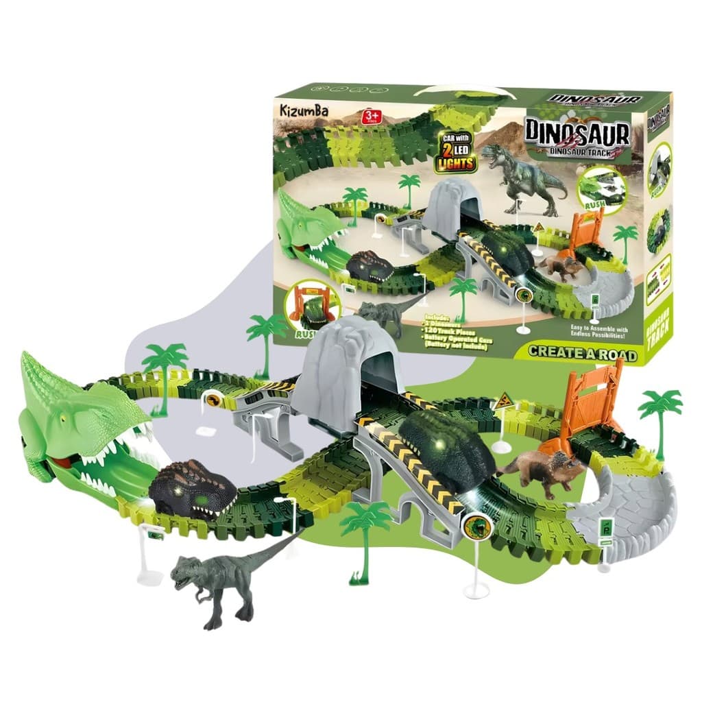 Pista de Corrida Dinossauro Túnel Trilhos Brinquedo Temático Aventura Jurrasic Park Infantil Kizumba