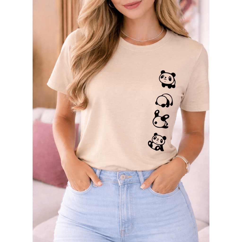 Blusinha Feminina Casual Manga Curta Estilosa Para Dia a Dia Verão Pandas Fofo Delicado