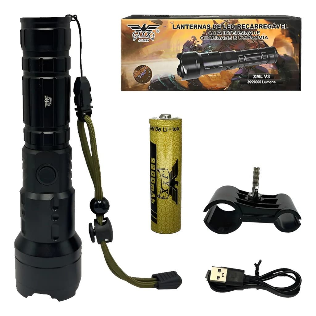 Lanterna Caça Longa Led V3 Forte Com Suporte Para Armas Branco Preto