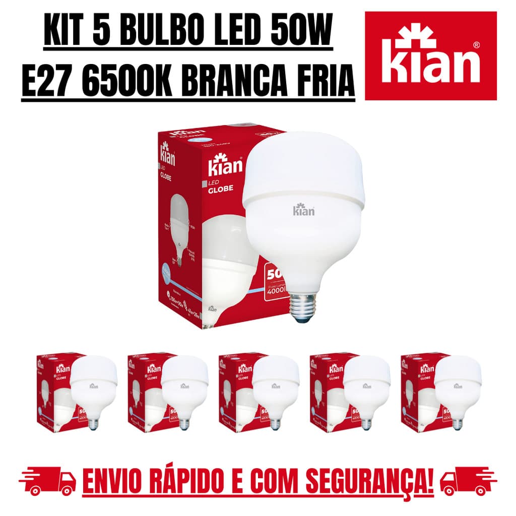 Kit 5 Lâmpada Bulbo Led 50w Branca Fria 6500k E27 Kian
