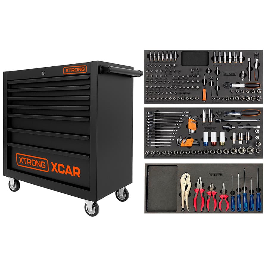 Carrinho de Ferramentas 7 Gavetas Xtrong XCAR-049P + Kit Ferramentas 178P 5000R + Jogos Alicates Chaves Gedore + Berço