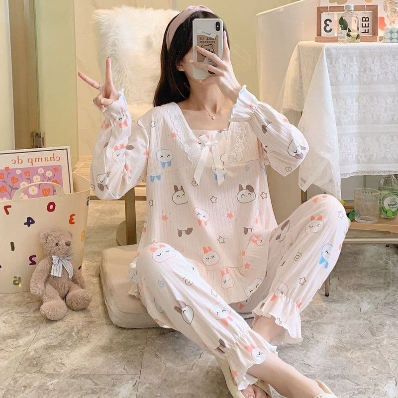 Pijamas femininos de manga comprida temporada doce bonito estilo princesa estudante terno de duas peças renda Loungewear
