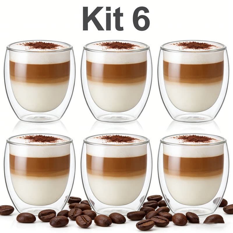 Kit 6 Xícaras Café Vidro Parede Dupla 80ml - Ideal para Nespresso Shot e Cantinho do Café Moderno Pronta Entrega