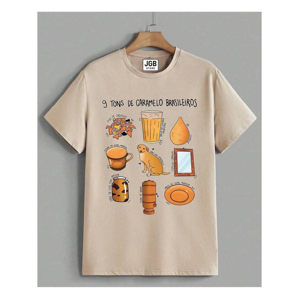 Camiseta 9 Tons de Caramelo Brasil Meme Cotidiano Coxinha Cachorro 100% Algodão Unissex Plus Size
