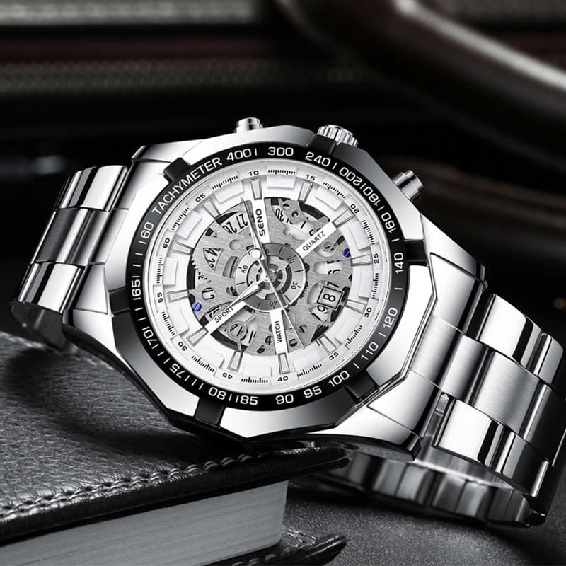 Relógio masculino SENO oco moda preto mostrador redondo pulseira de aço calendário luminoso relógio de quartzo