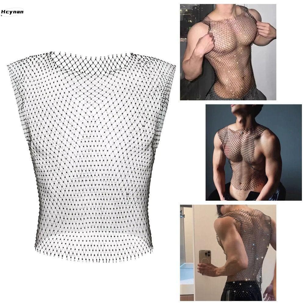 HCYNAN Regatas Masculinas , Colete Arrastão Com Design Oco Decorado Strass , Camiseta De Malha De Tecido Elástico De Aju