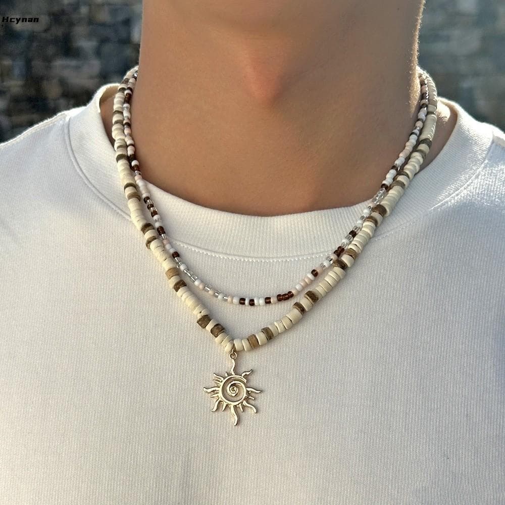 HCYNAN Conjunto De 2 Peças De Colar De Contas De Coco Boho , Vintage Feito À Mão Com Pingente De Sol , Estilo Étnico