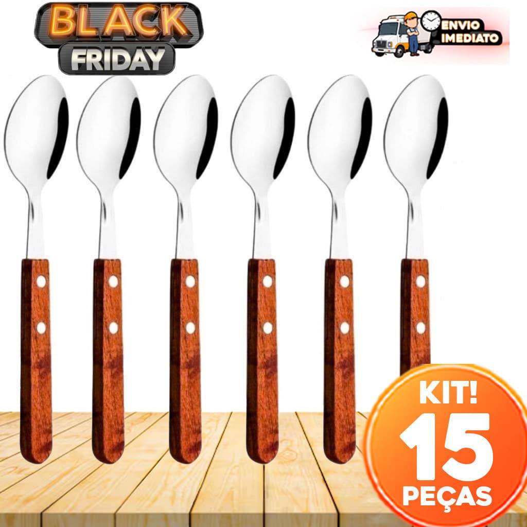 Conjunto com 15 Colheres de Mesa Inox com Cabo Amadeirado – 20 cm aqui