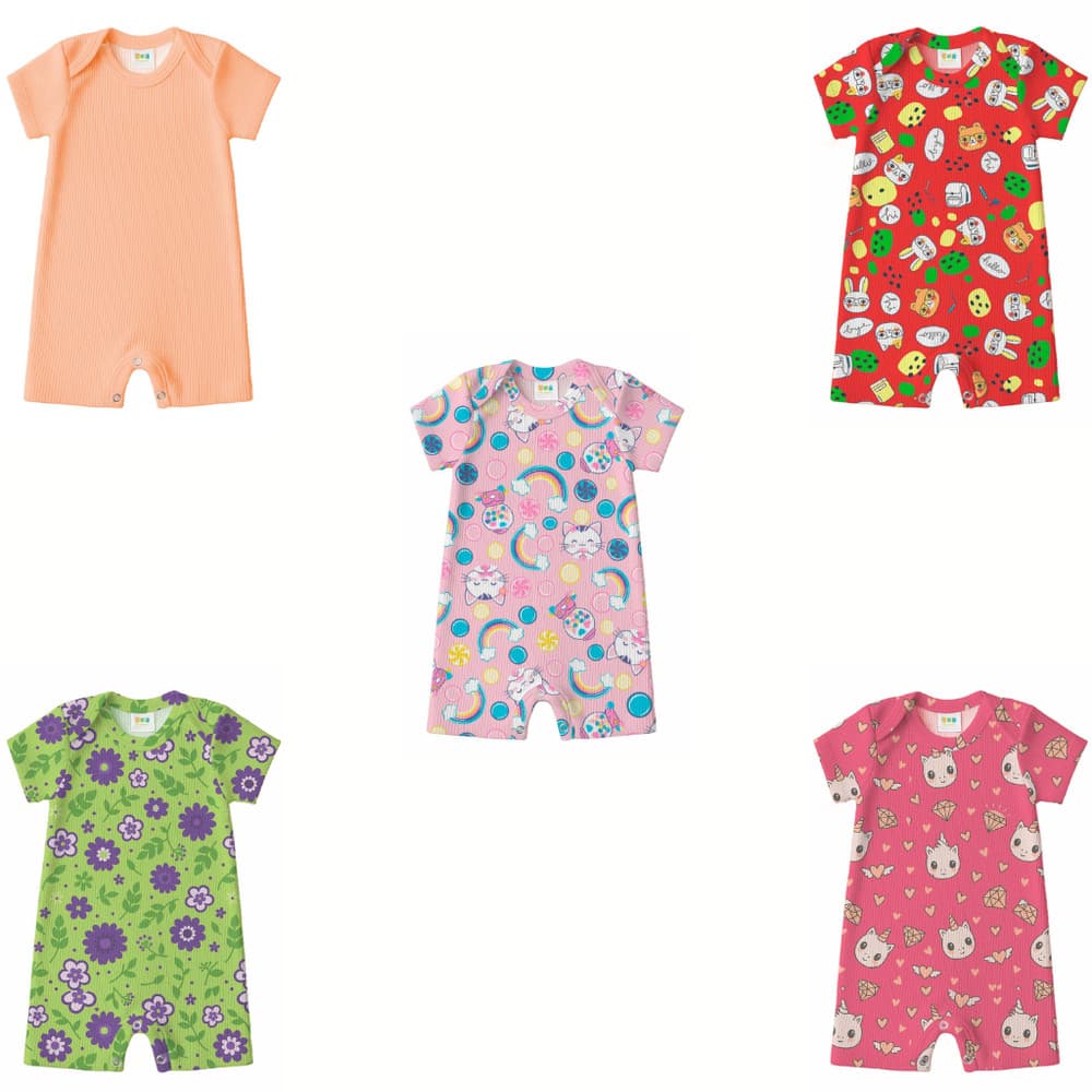 Kit 2 Macaquinhos Bebê Menina Canelado Premium | Com Botões | Algodão Macio | P ao 3 Anos
