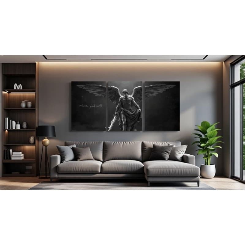 Quadro Decorativo São Arcanjo Miguel Preto Luxo 3 Peças Religioso Proteção Sala Altar