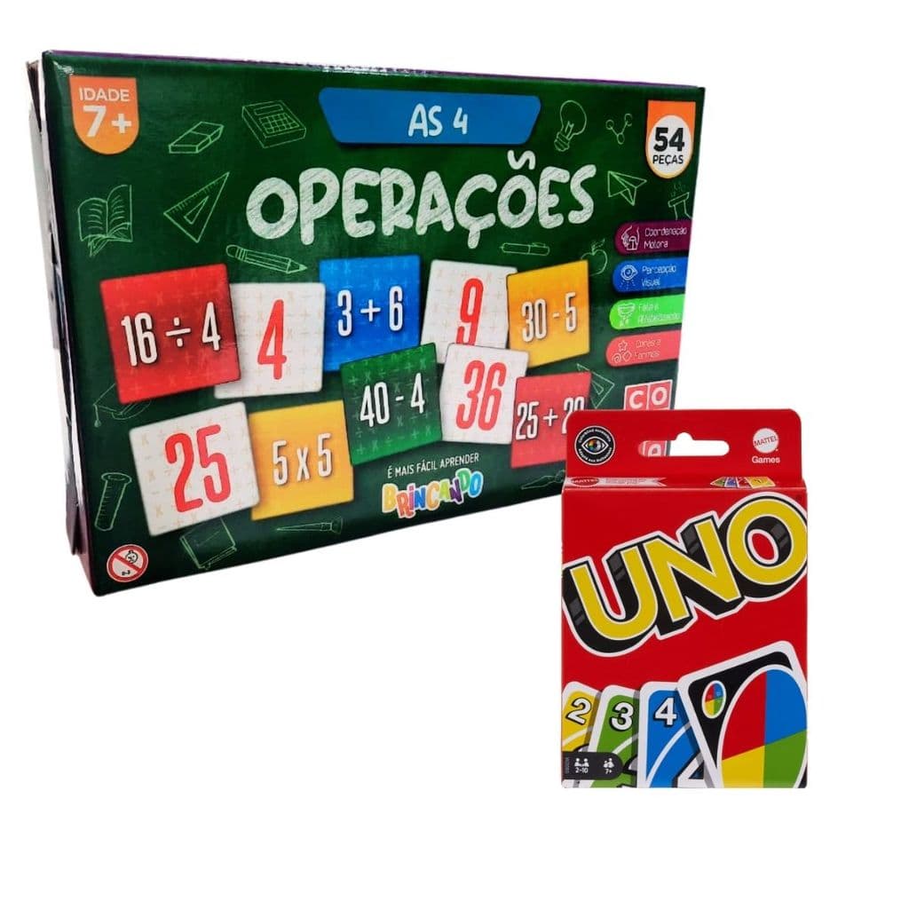 Jogo Pedagógico as 4 Operações  e Jogo Uno Cartas Original Mattel Kit Jogos de Cartas Raciocínio