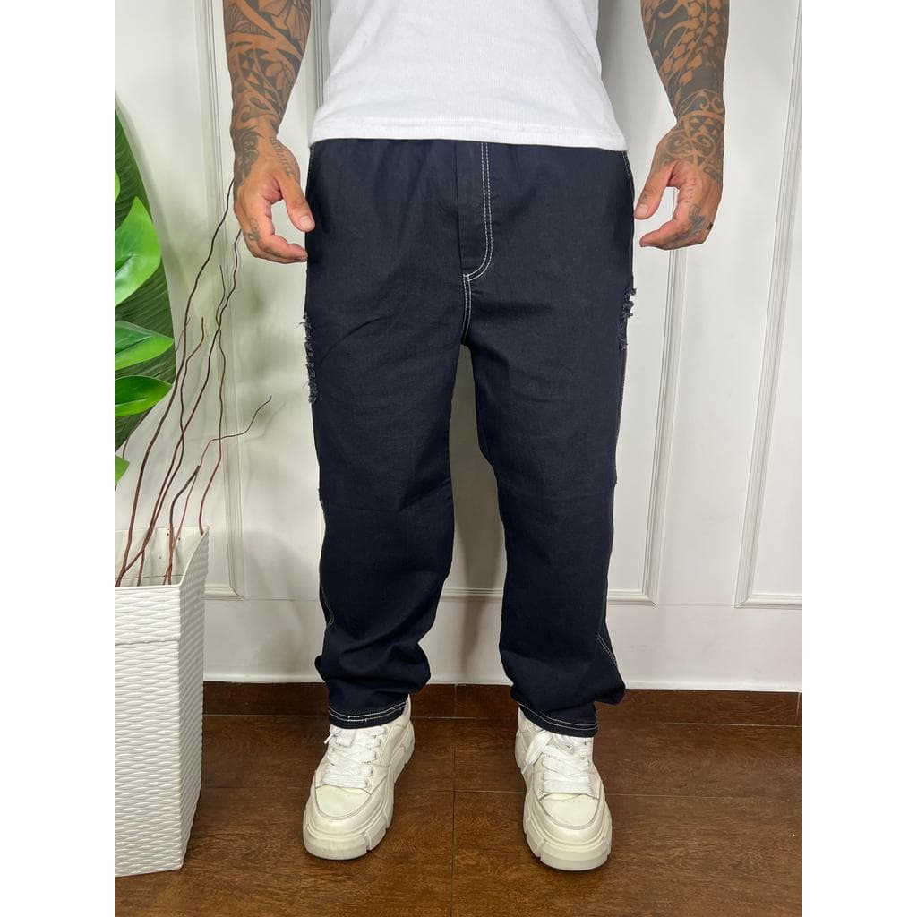 Calça Balão Preto Amaciado Com Rasgadinho Masculina Streetwear Premium Larga