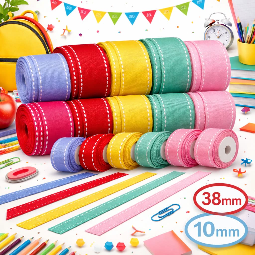 Kit de Fitas Pespontadas 38mm + 10mm – Ideal para Laços, Artesanato e Volta às Aulas