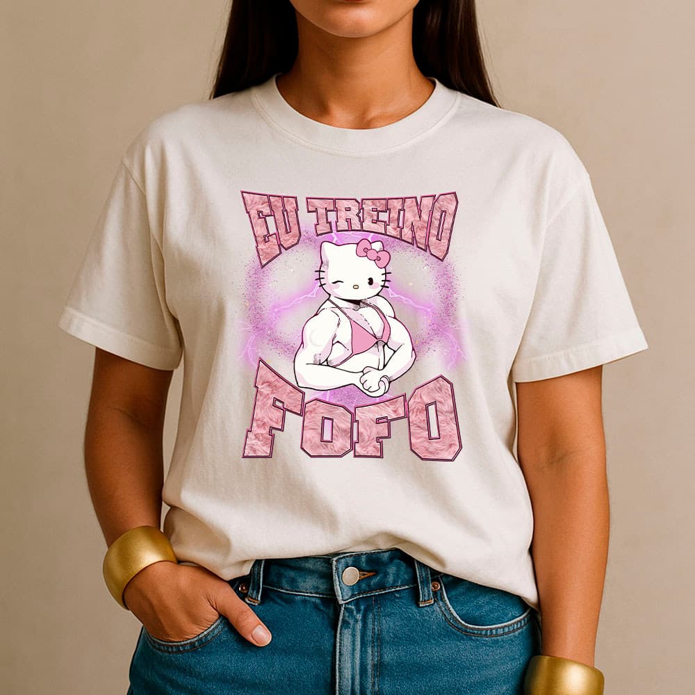 Camiseta Feminina 100% Algodão Camisa Hello Kitty Treino Fofo Fitness Gym Casual Streetwear Premium