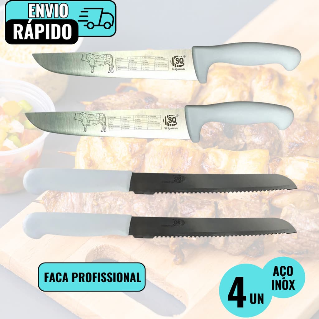 Kit 2 Facas De Pão 6" 2 Facas De Carne 10" Profissionais Para Padaria Açougue Domicilio Restaurante