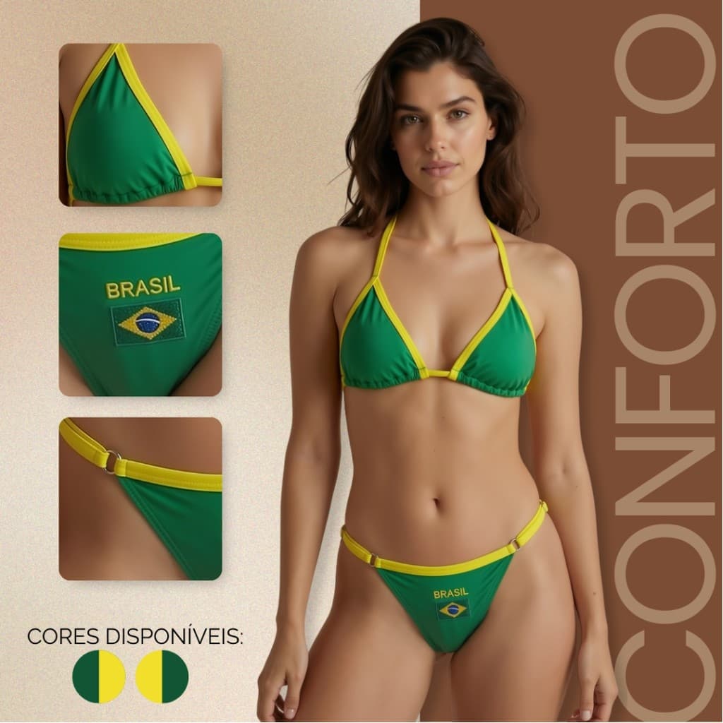 Biquíni Fita Verde Amarelo Brasil Copa Marquinha de Fita Verão Moda Praia Sol Calor Bicolor Piscina Moderno Tendencia 26