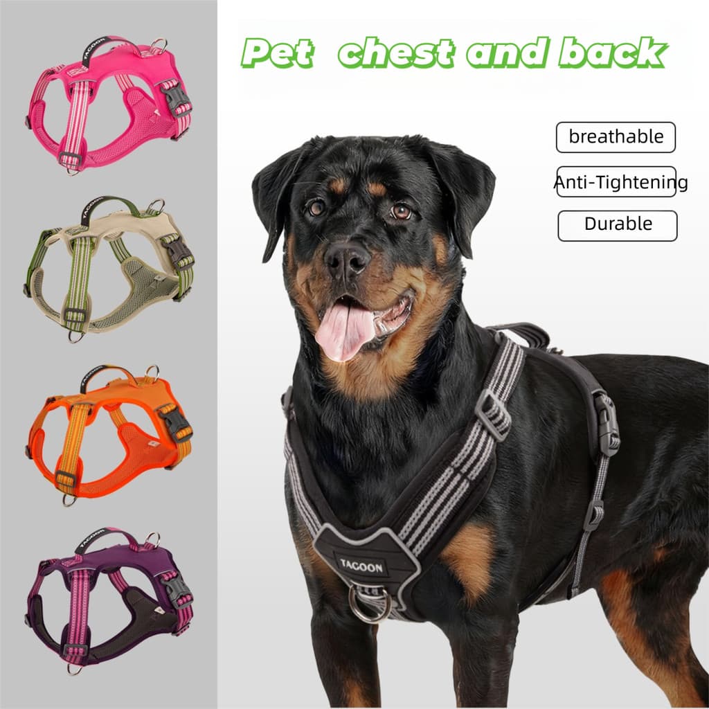 Coleira ajustável de nylon para cães, reflexiva, macia, respirável, sem puxadas, com guia para cães pequenos, médios e g