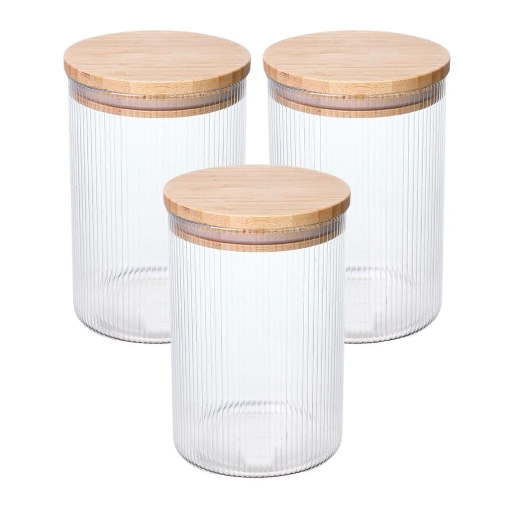 Kit 3 Pote Hermético De Vidro para Mantimentos Redondo 1L Tampa de Bambu Listrado Com Vedação