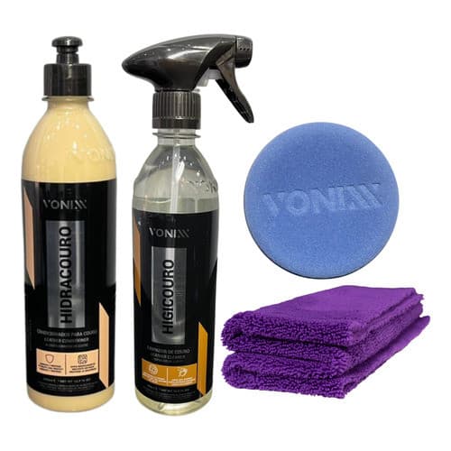Limpeza Hidratação Couro Carro Sofá Vonixx Higicouro + Hidracouro + Aplicador + Pano de Microfibra