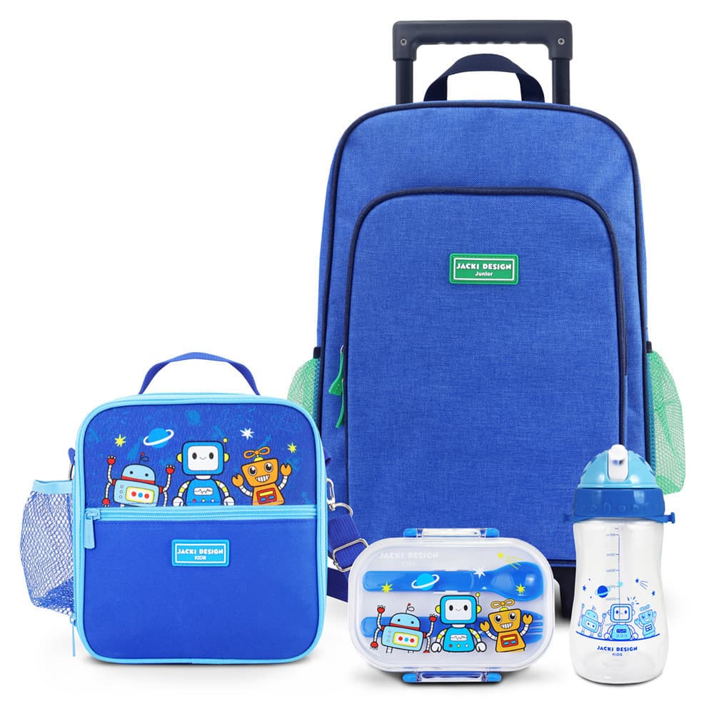 Kit Infantil 4pçs - Bolsa Térmica, Pote p/ Lanche 400ml, Garrafa 460ml e Mochila de Carrinho