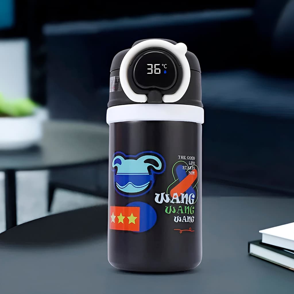 Garrafa Squeeze Copo Térmico Infantil Tela Digital Termômetro Cor:Preto