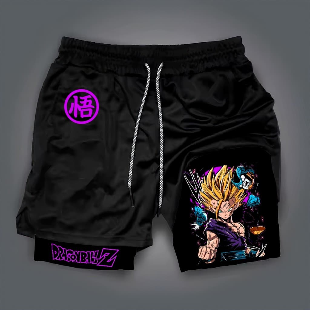 Short 2 em 1 Compressão Dry-Fit Estampado Vegeta Goku Gohan Dragon Anime Ball Z Geek Gym Fitness