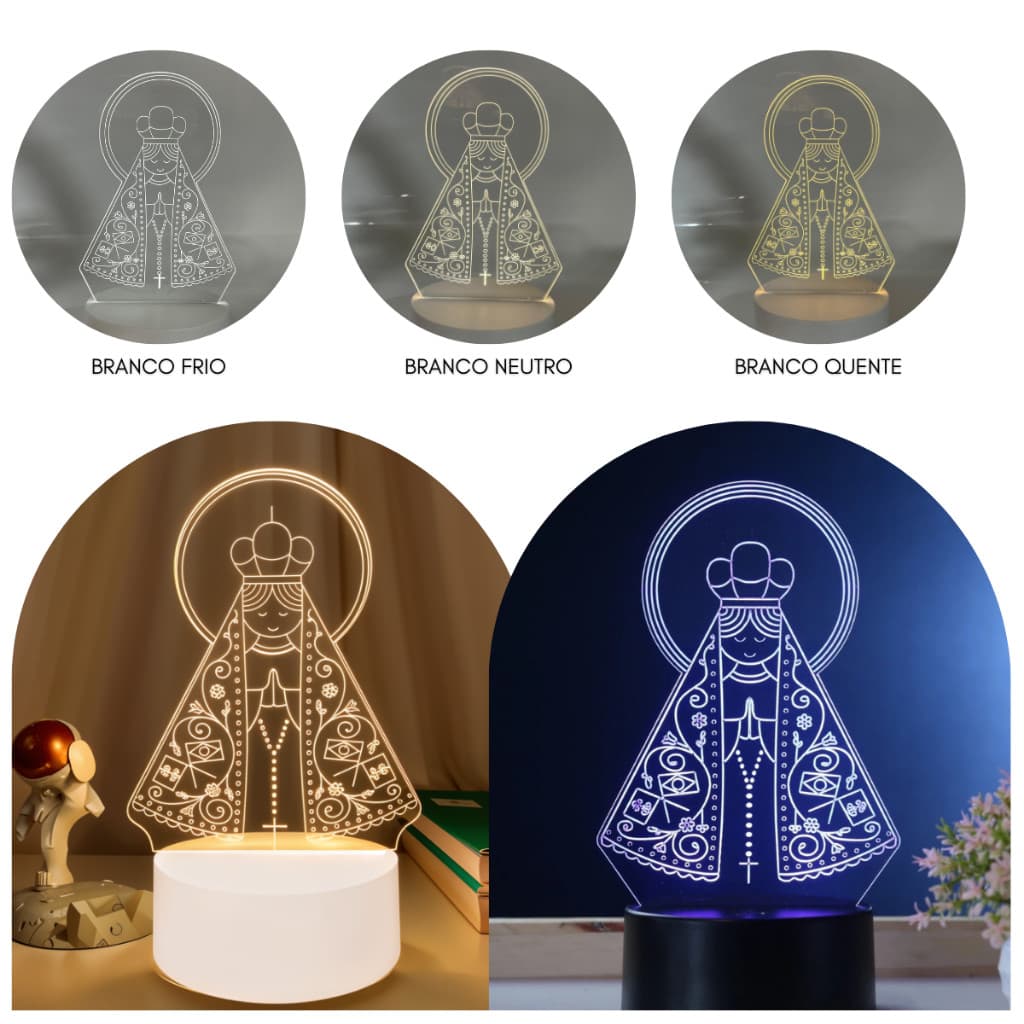 Luminária LED 3D Acrílico Aparecida Jesus Bivolt Mesa Decorativa Religiosa