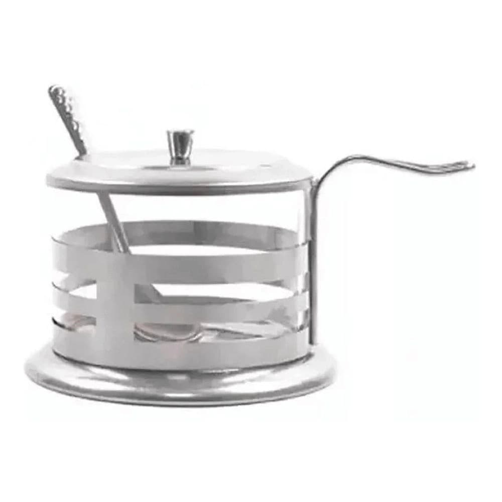 Açucareiro De Vidro Revestido Em Aço Inox Com Colher Porta Açucar