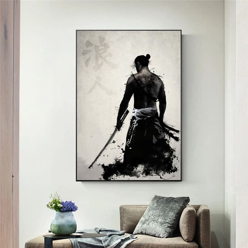 Quadro Decorativo Samurai Japones Preto e Branco 60x40