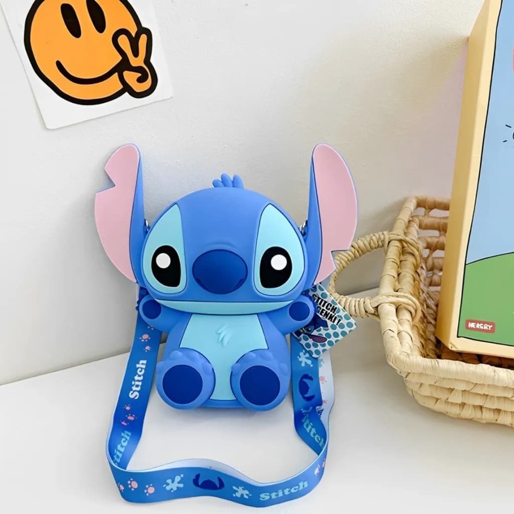 Mini Bolsa Stitch Silicone Azul Rosa Pequena Porta Celular Tiracolo Ajustável Feminina Infantil
