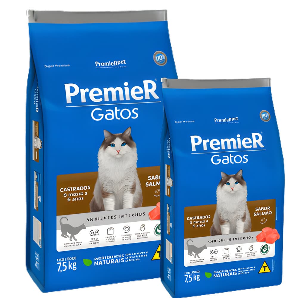 Ração Premier Ambientes Internos Gatos Adultos Castrados Salmão 7,5kg 6 Meses a 6 Anos