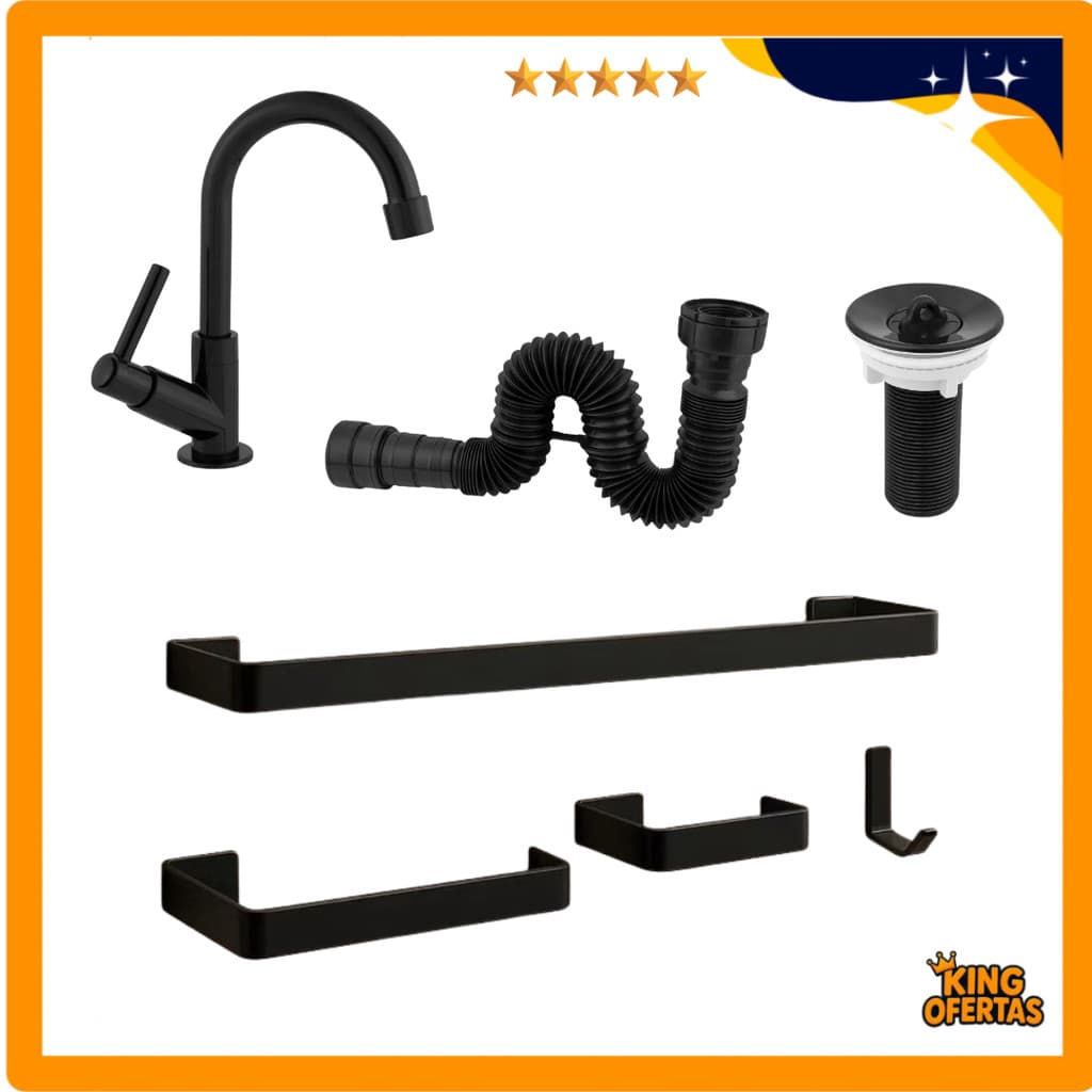 Kit Preto Acessórios Banheiro Quadrado + Torneira Lavatório + Válvula + Sifão