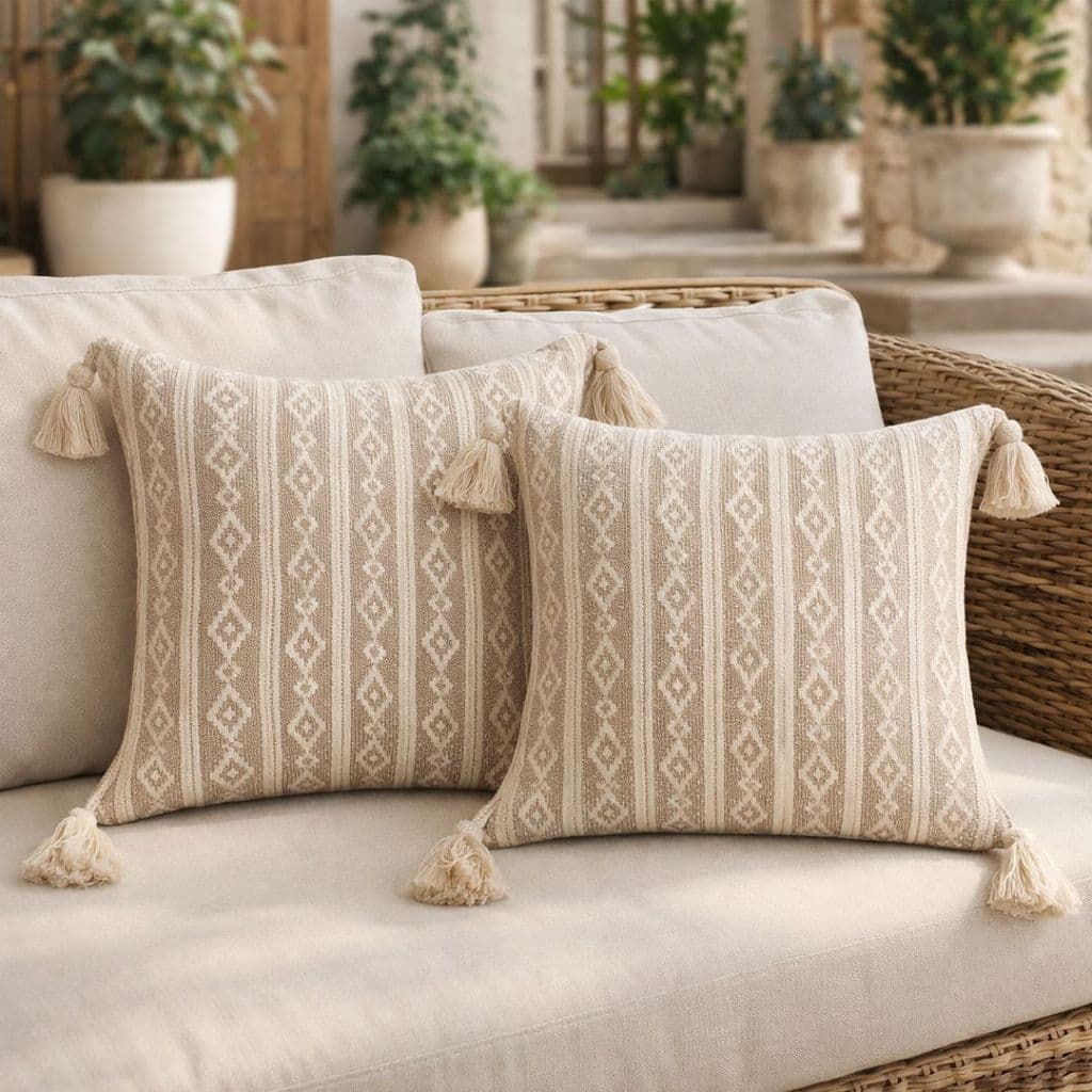 Kit 2 Capas de Almofada Bohochic 45x45 – Pompom, Algodão Piquet Cru, Promoção Especial