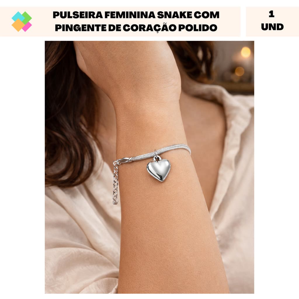 Pulseira Feminina Snake com Pingente de Coração Polido (1 Und)
