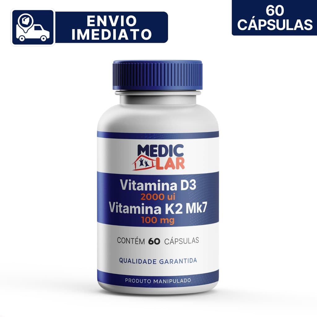 Vitamina D3 2000ui com Vitamina K2 MK7 - 60 ou 120 cápsulas - Envio Imediato