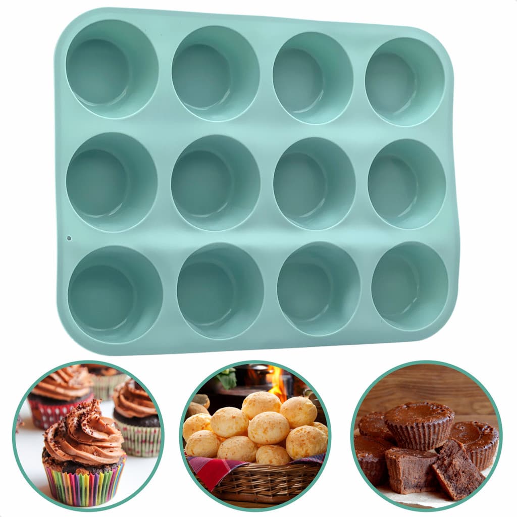 Assadeira De Silicone 12 Cavidades Forma Pão De Queijo Muffins Bolinhos Verde Claro