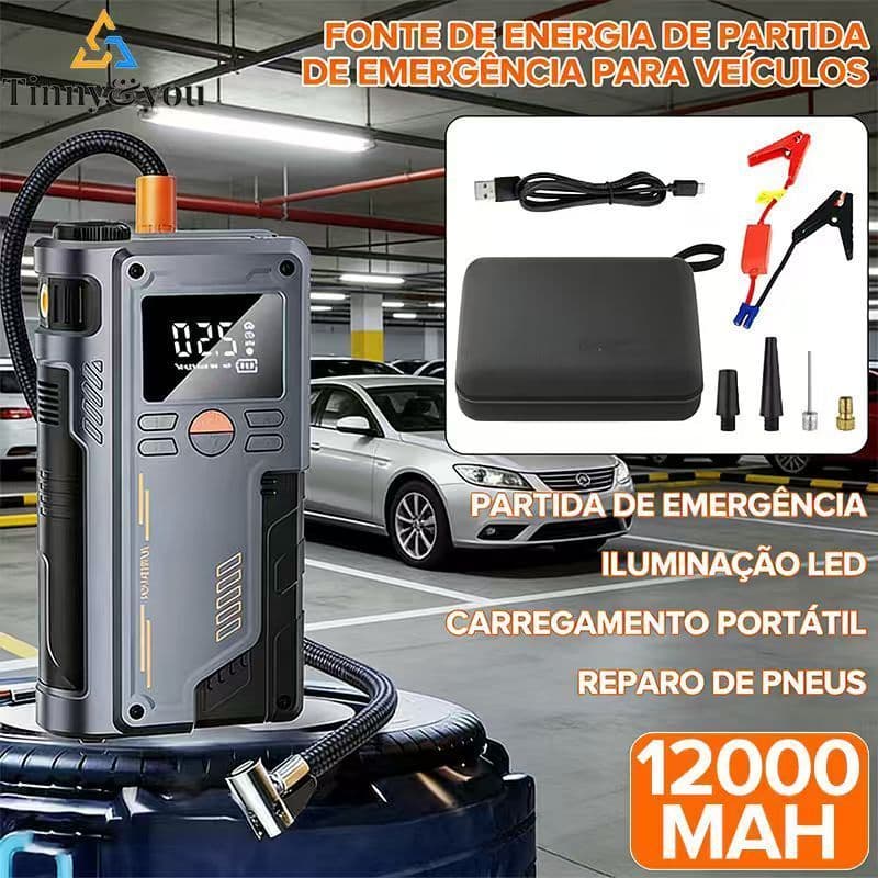 Compressor de Ar 12V: Solução Completa 8 em 1 com Calibrador Digital, Power Bank e Luz de LED para Todos os Veículos
