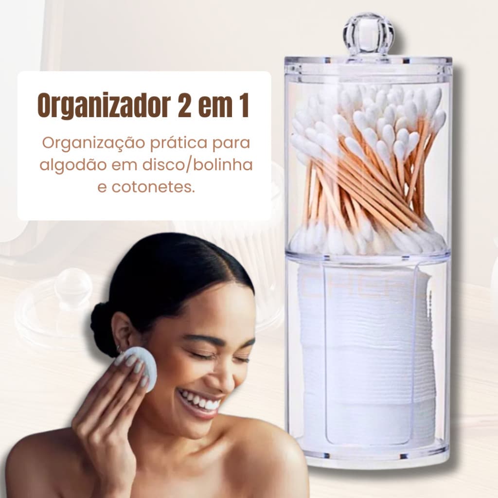 Porta Algodão e Cotonete Duplo em Acrílico Transparente | Organizador 2 em 1 com Tampa