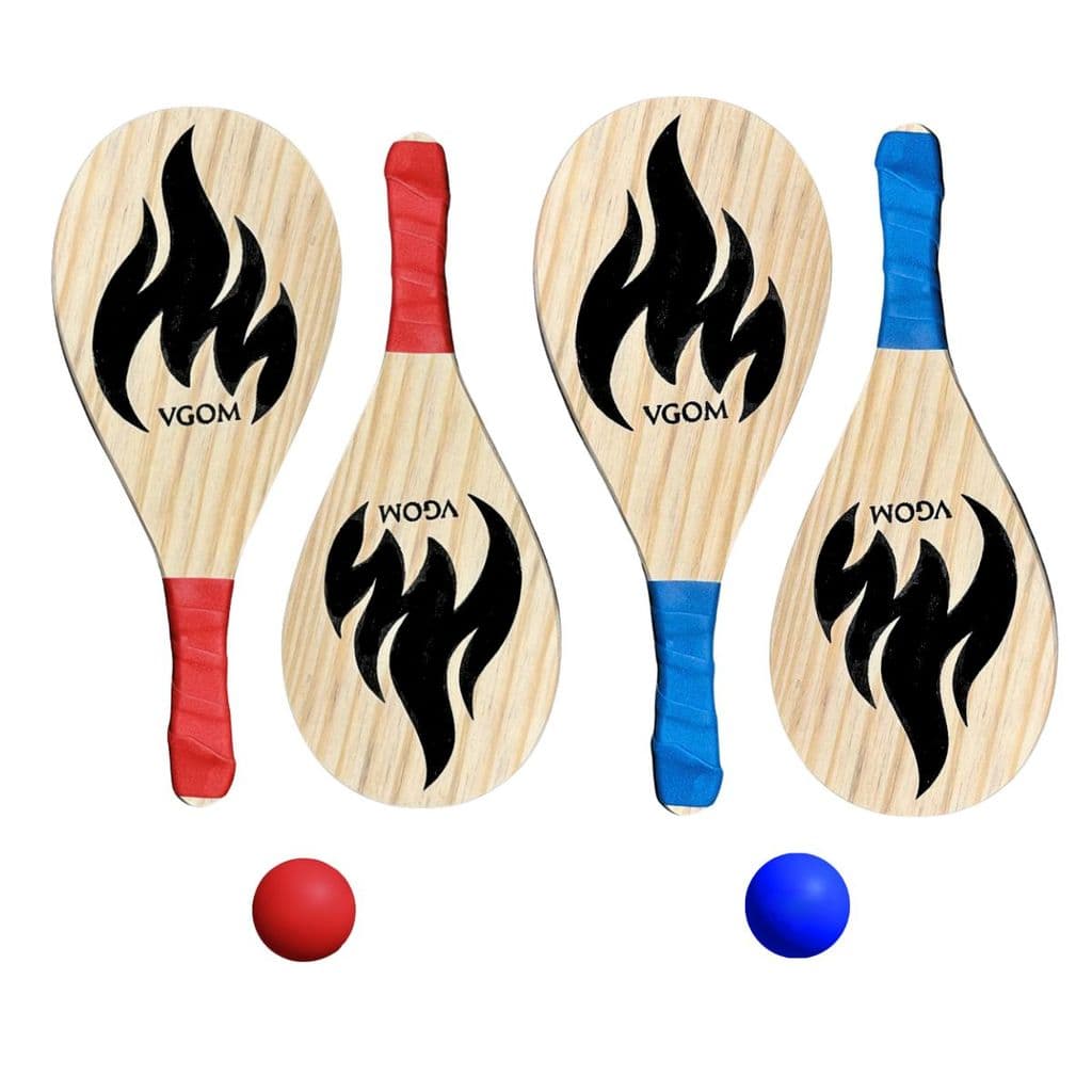 Kit Raquetes 4 De Madeira Para Frescobol Cabo Azul e Vermelho + 2 Bolinhas de Borracha Azul e Vermelha