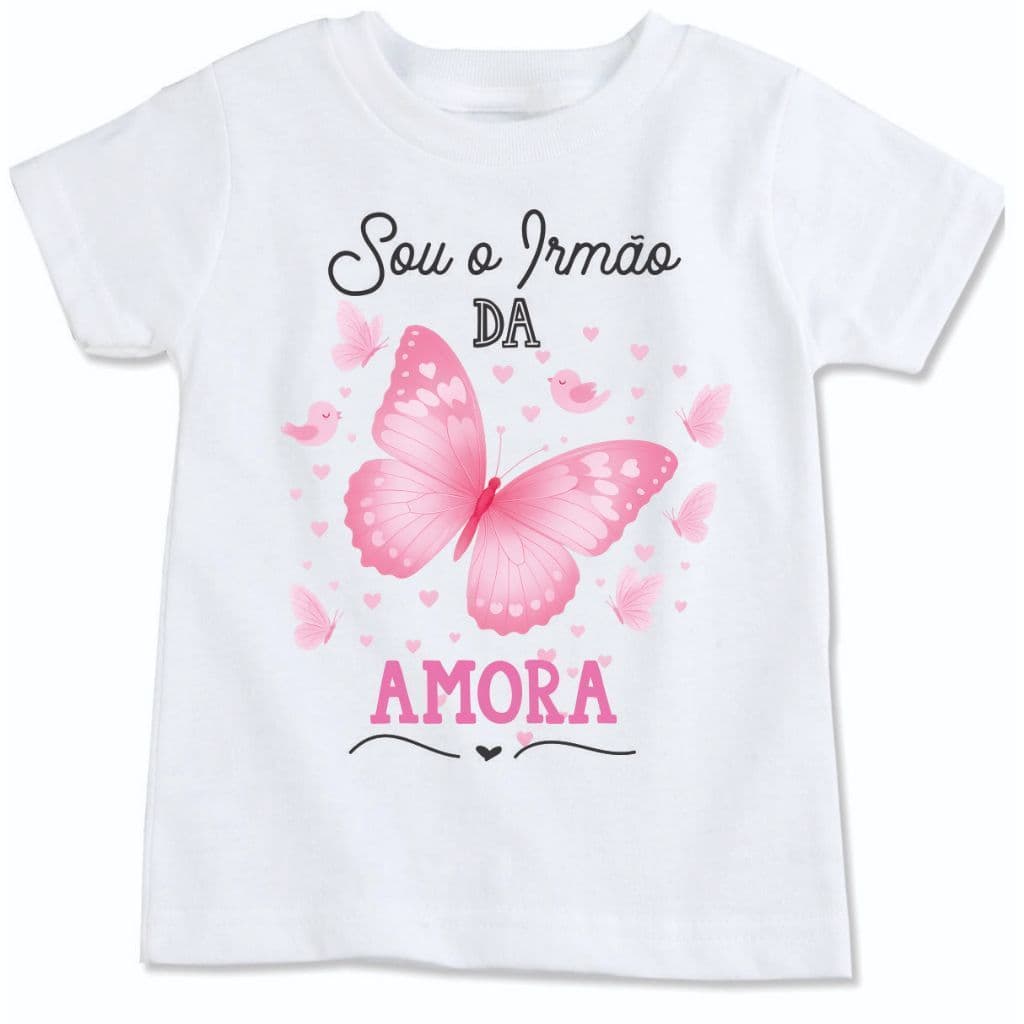 Camisa personalizada com nome para irmão de menina borboletas e passáros rosa informar nome