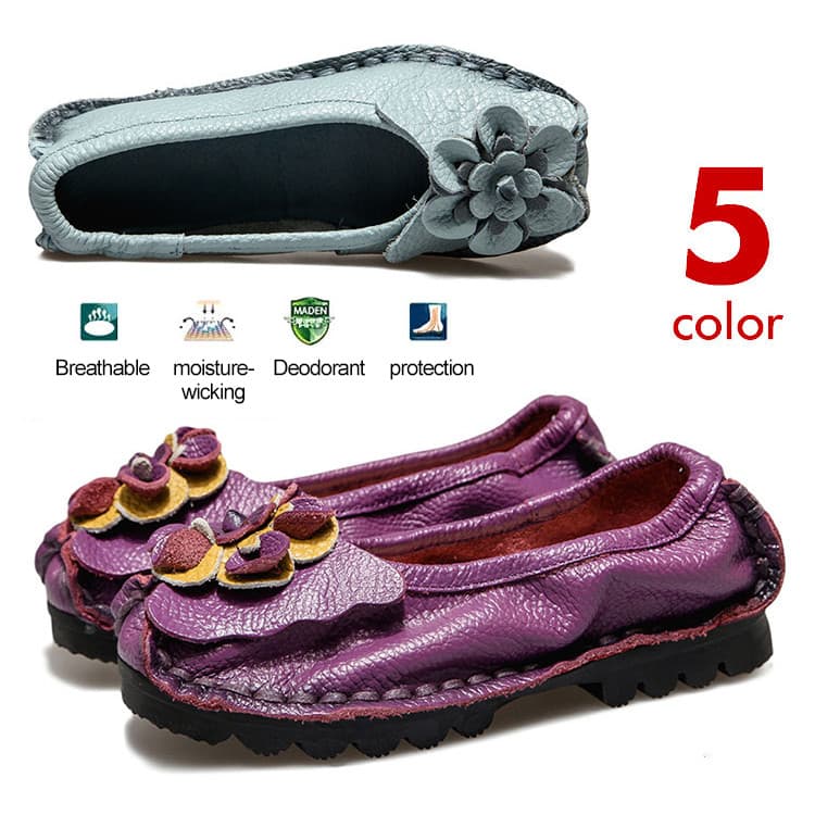 【Artesanal à Mão】Sapato Folclórico Feminino Couro Legítimo Confortável - Solado Macio Bico Redondo Sapatilha Mãe/Mulher
