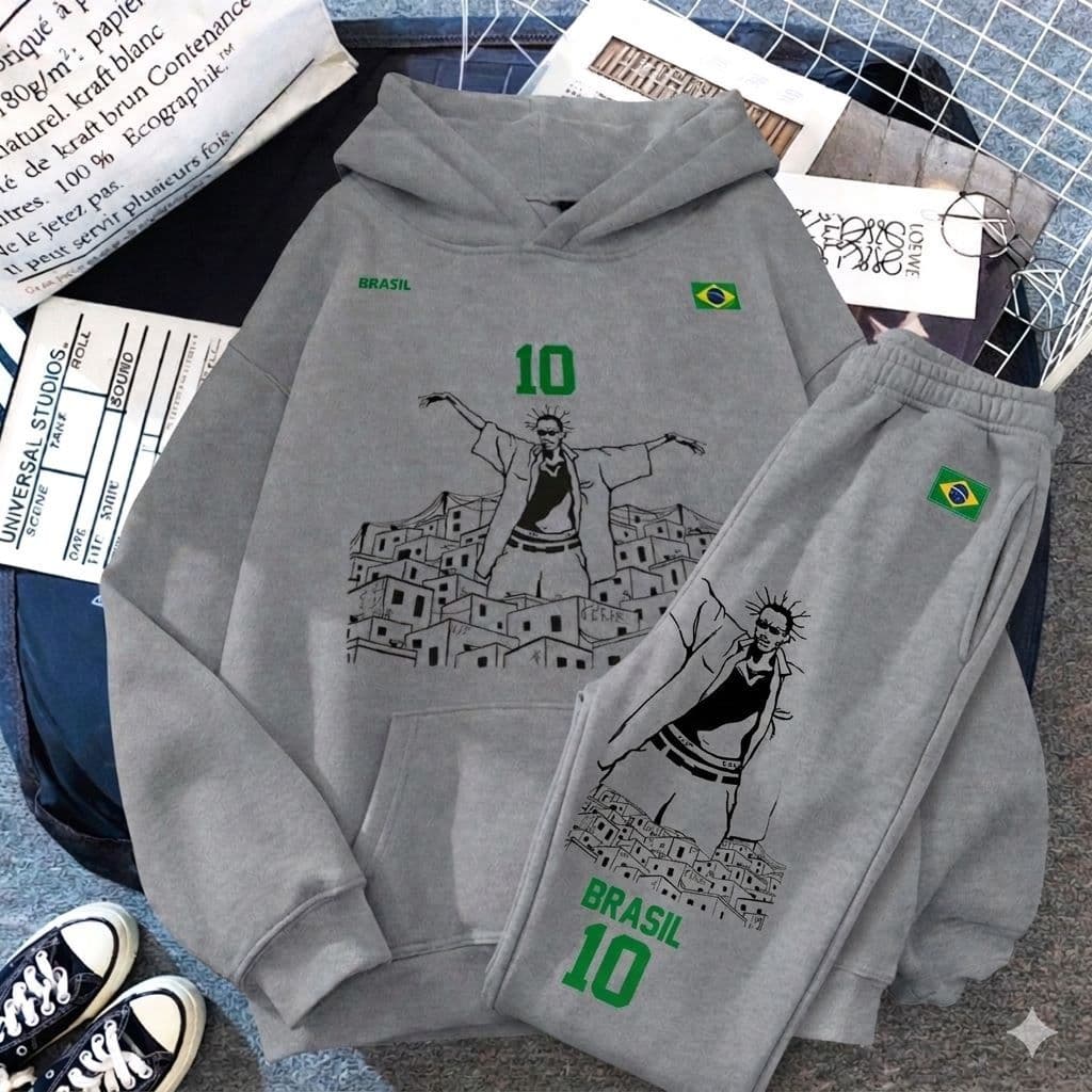 Conjunto Moletom Brasil 10 Com Capuz + Calça Confortável Masculino Feminino Moda Casual Inverno